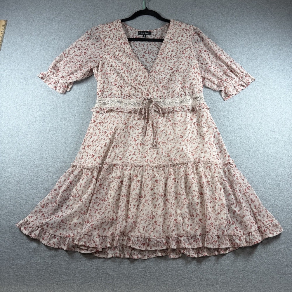 Trixxi Coquette Pink Floral Mini Dress M Lace Bow Tiered Ruffle Cottagecore Cute